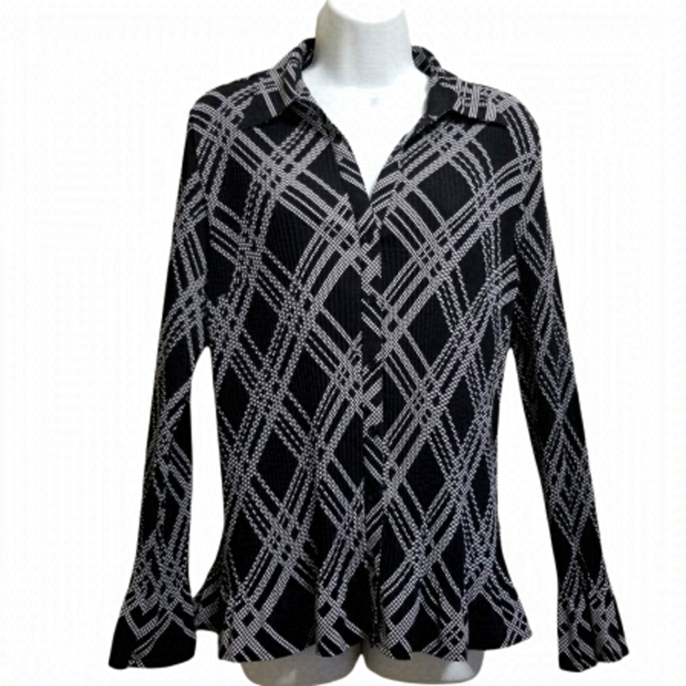 Jessica Black and White Patterned Button-Front Blouse Size 16